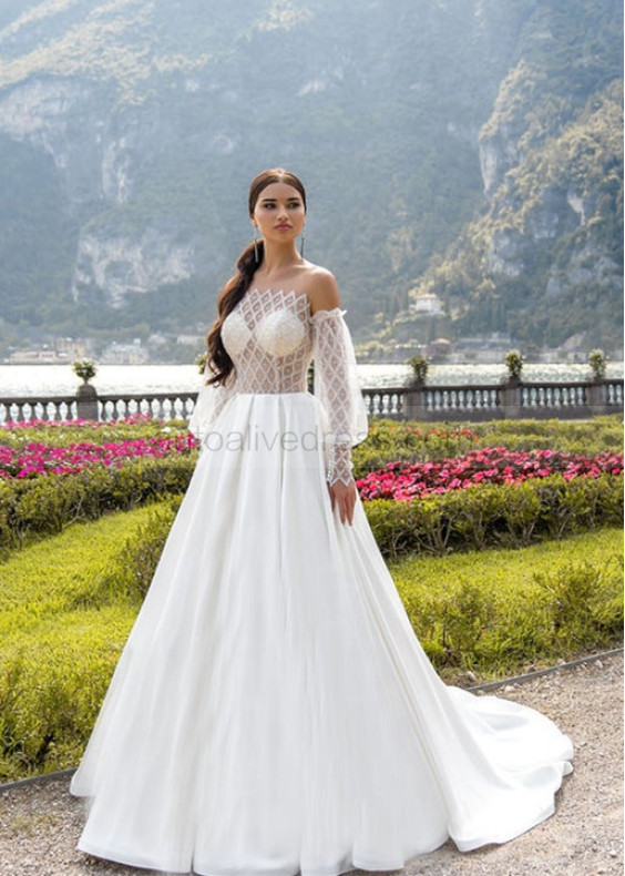 Ivory Lace Satin Button Back Wedding Dress